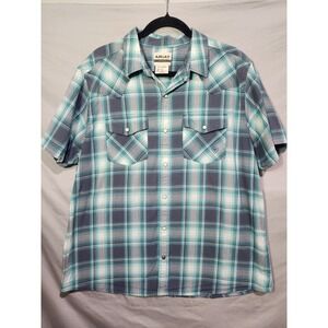 ARIAT XL Harrington Retro Fit Pearl Snap Button Up Blue Gray‎ Plaid Short Sleeve